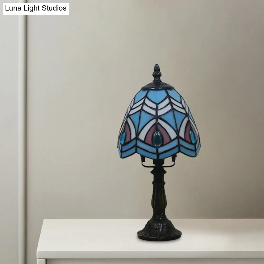 Mediterranean Beige/Pink Glass Bowl Night Lamp - Hand-Cut With Floral/Peacock Tail Patterns Table
