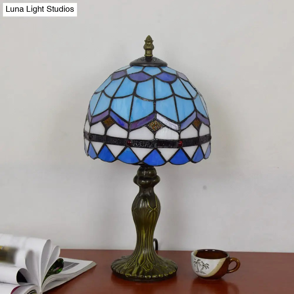 Mediterranean Dome Gridded Glass Table Lamp - Blue Nightstand Light For Living Room