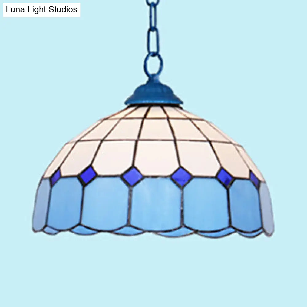 Mediterranean Dome Stained Art Glass Pendant Light In White/Blue/Bronze