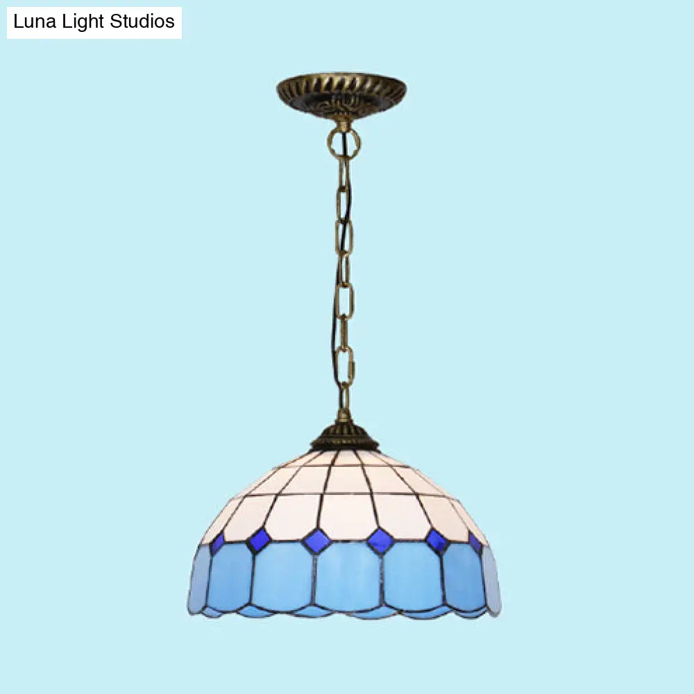 Mediterranean Dome Stained Art Glass Pendant Light In White/Blue/Bronze
