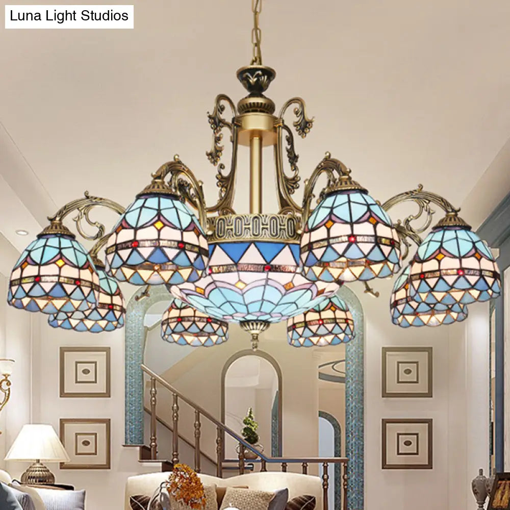 Mediterranean Dome Stained Glass Hanging Lamp in Blue 9/11 Lights Chandelier Fixture