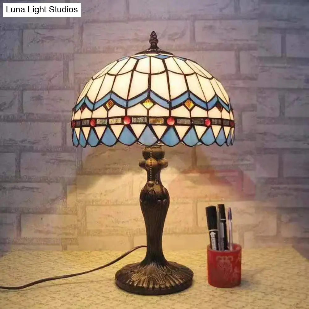 Mediterranean Dome Stained Glass Nightstand Lamp For Bedside Table