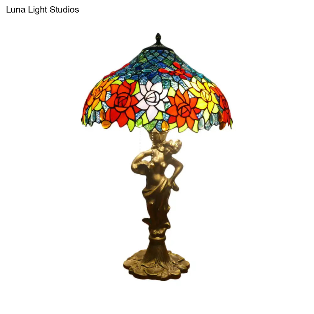 Mediterranean Gold Bowl Night Lamp With Stunning Naked Woman Base - 3 Lights And Cut Glass Pull