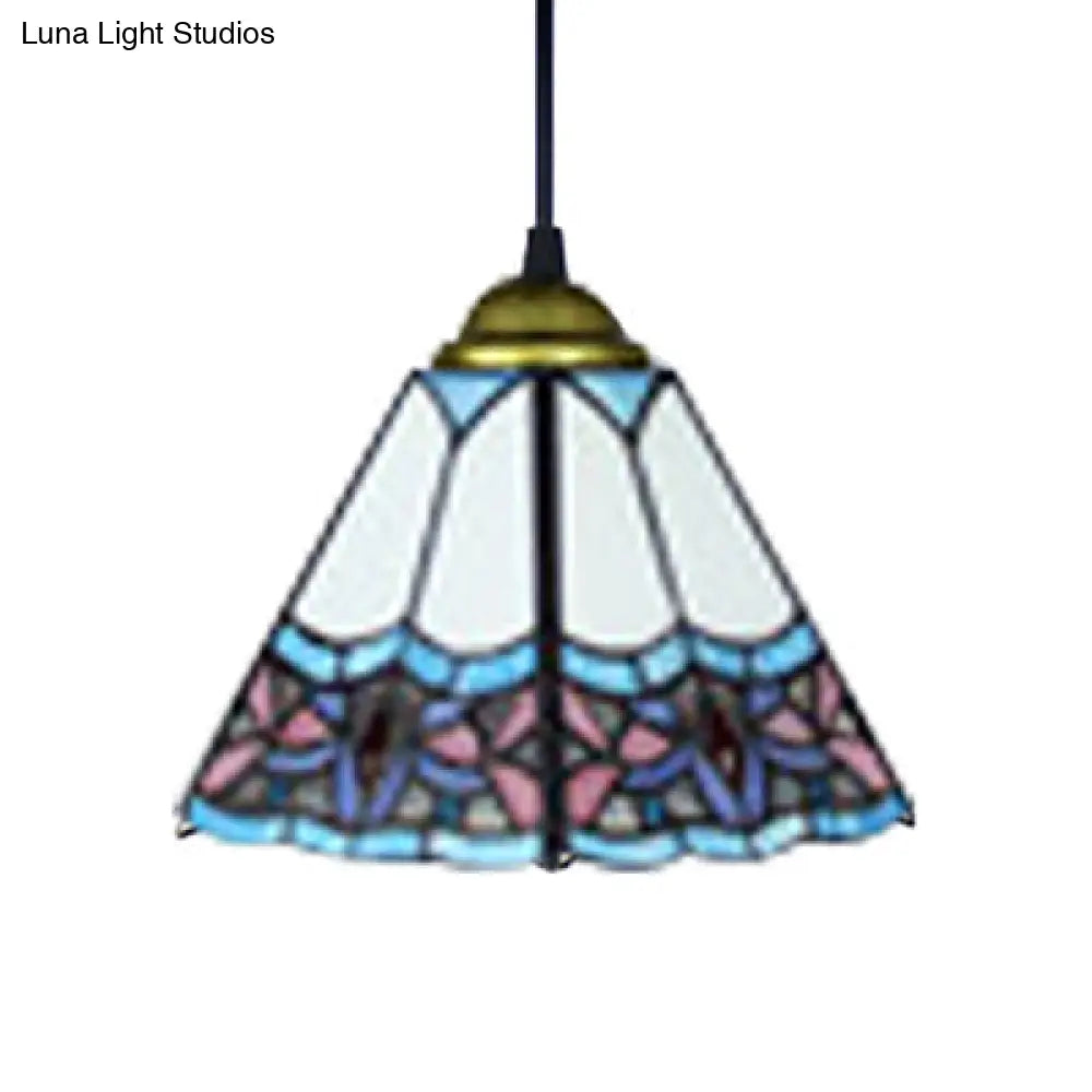 Mediterranean Purplish Blue Stained Glass Pendant Light For Bedroom Ceiling - Wide Flare Shade