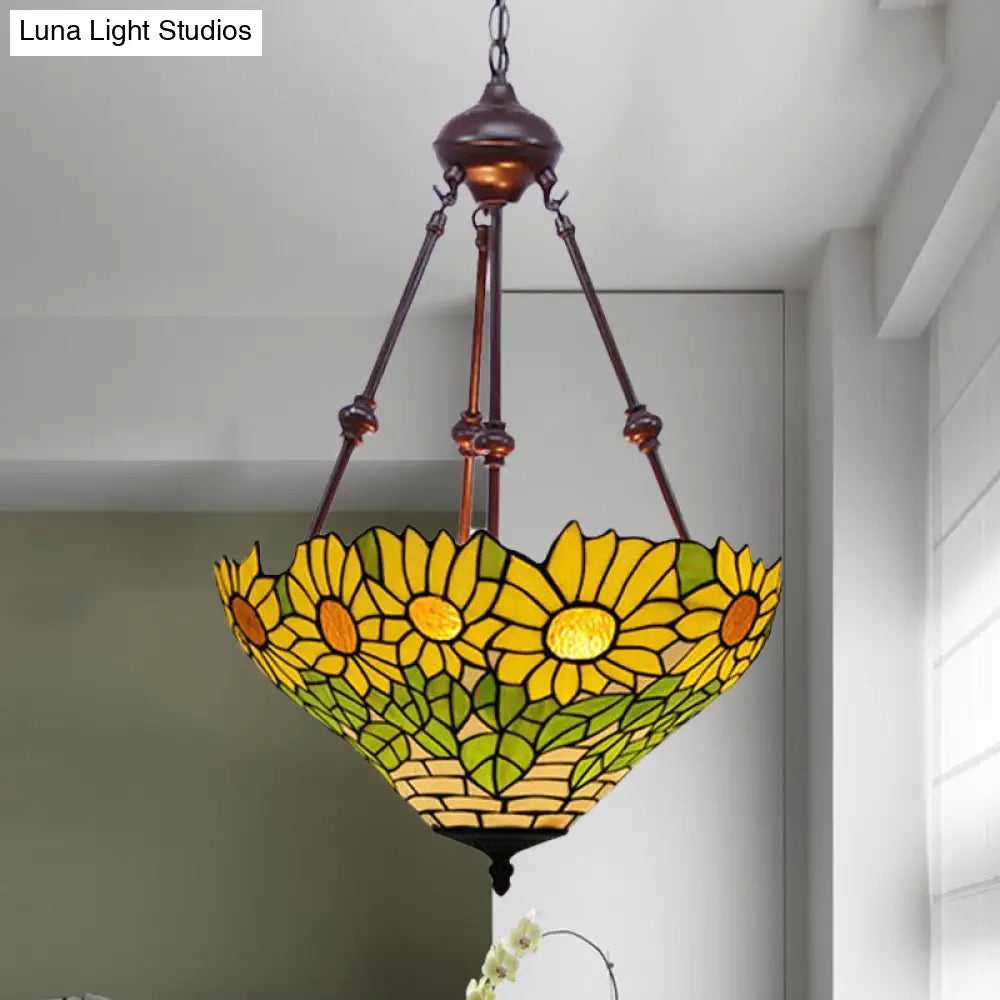 Mediterranean Red/Yellow/Orange Flower Stained Glass Kitchen Chandelier - 2-Light Ceiling Fixture