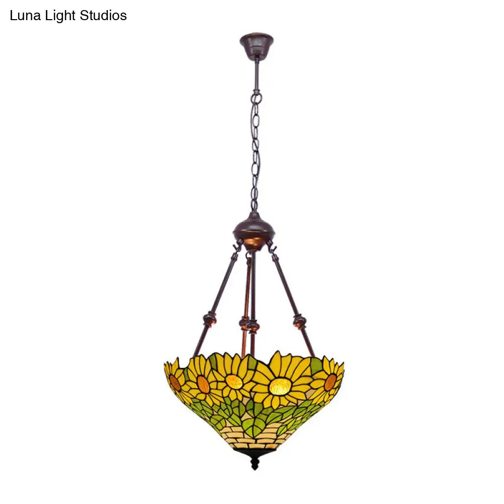 Mediterranean Red/Yellow/Orange Flower Stained Glass Kitchen Chandelier - 2-Light Ceiling Fixture