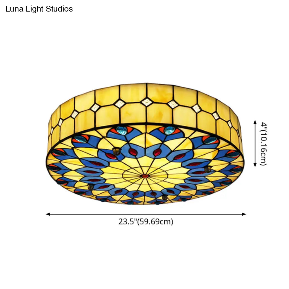 Mediterranean Stained Glass Drum Ceiling Mount Light For Bedroom