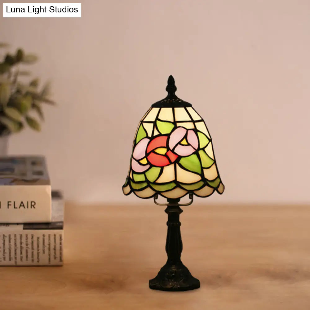Mediterranean Stained Glass Night Light: White/Red With Conical/Flared Shape And Floral Pattern