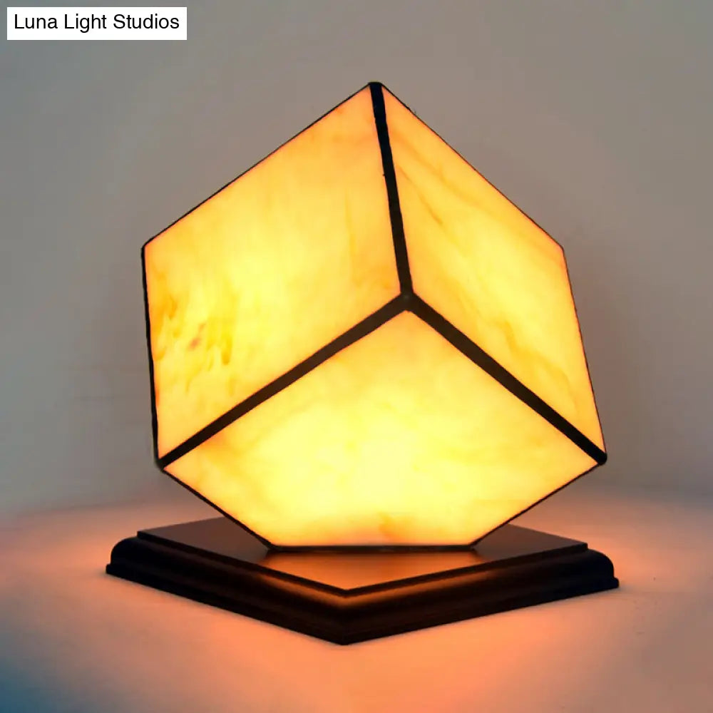 Mediterranean Style Beige Glass Cubic Night Light With Plug-In Cord