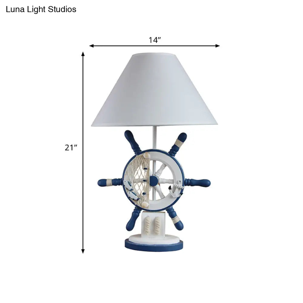 Mediterranean Style Wood Rudder Night Lamp - Single Blue Table Light With Cone Fabric Shade