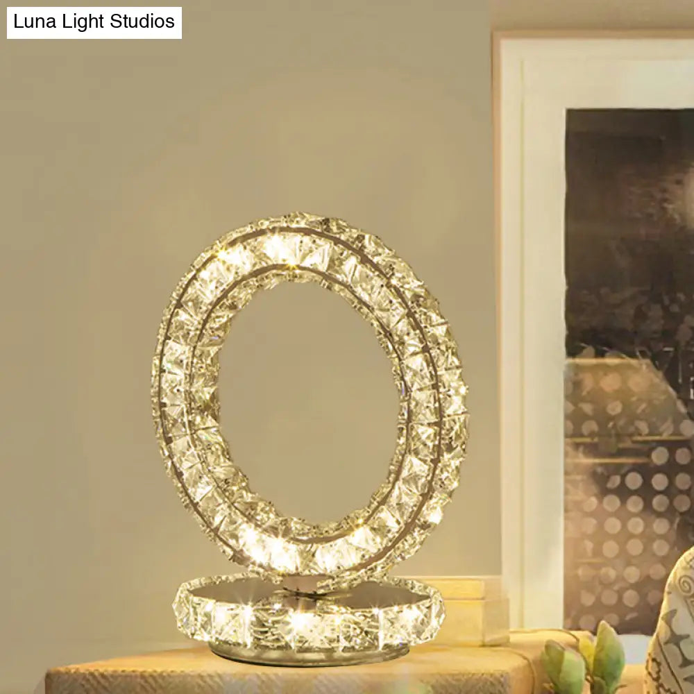 Metal Chrome Finish Night Table Light With Led Modernism Heart/Round Design & Crystal Accent -