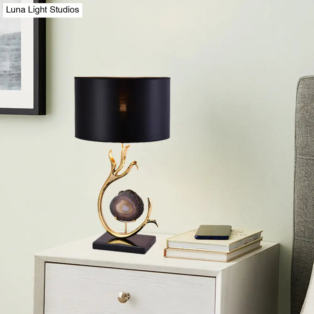 Metal Desk Lamp With Agate Accent - Modern Gold Finish And Black Fabric Shade