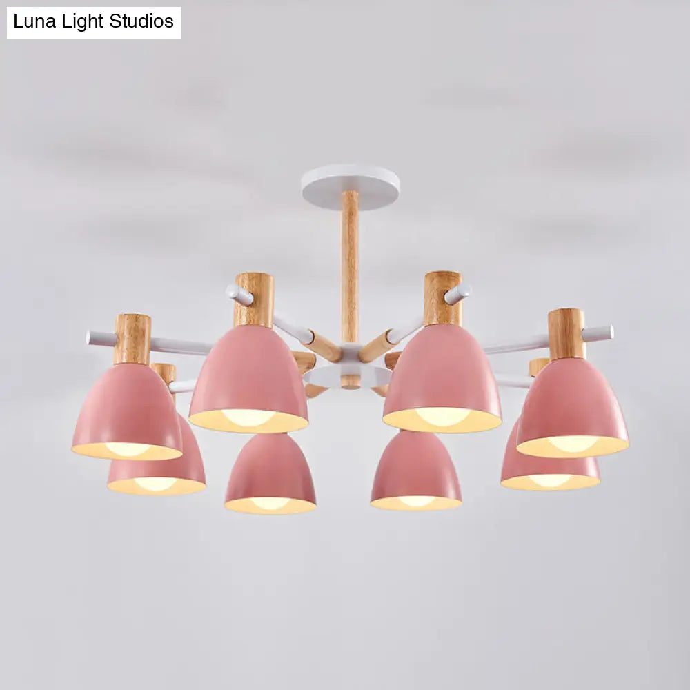 Metal Macaron Style Bell-Shaped Chandelier With Wood Accents: Stylish Ceiling Hang Light For Living