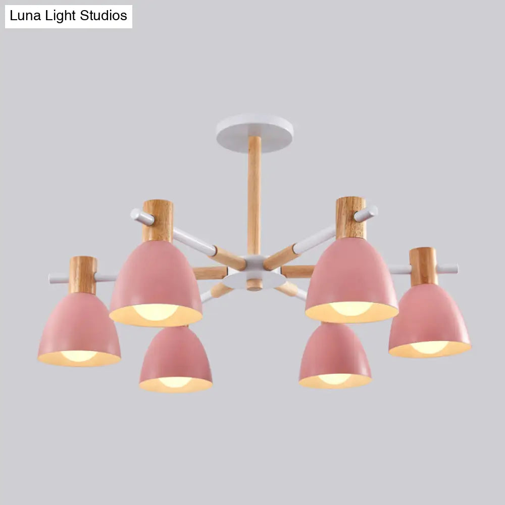 Metal Macaron Style Bell-Shaped Chandelier With Wood Accents: Stylish Ceiling Hang Light For Living