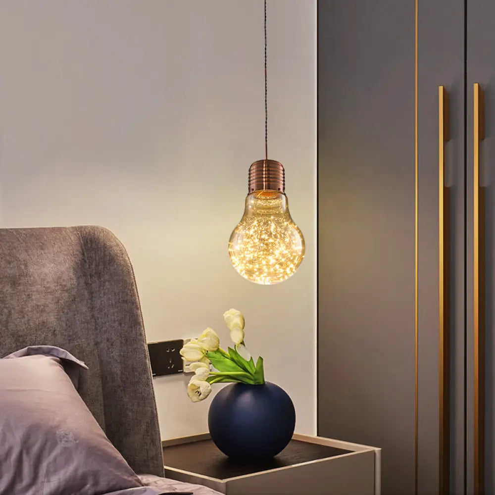 Metal Nordic Pendant With Led Starry String Lights For Bar Decor Rose Gold / 6’