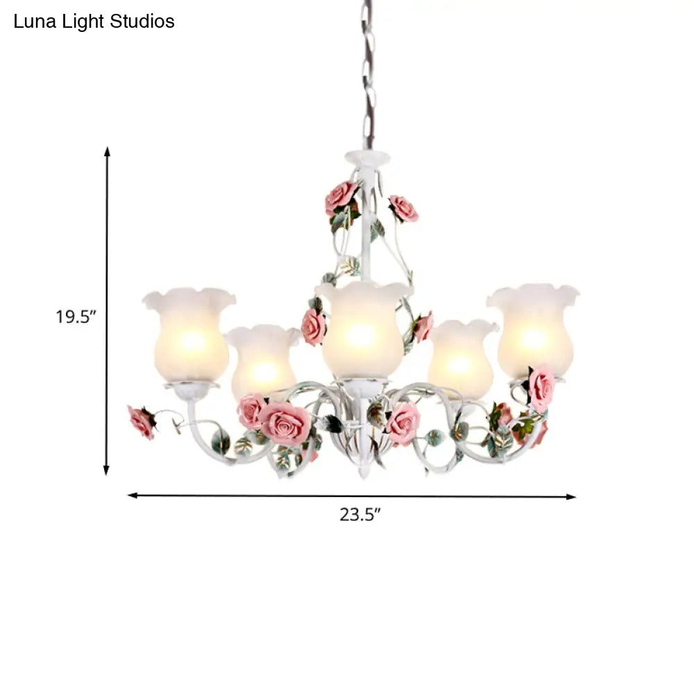 Metal White Chandelier With Curvy Arms - Pastoral Rose Down Lighting For Bedroom (3/5/6 Bulbs)