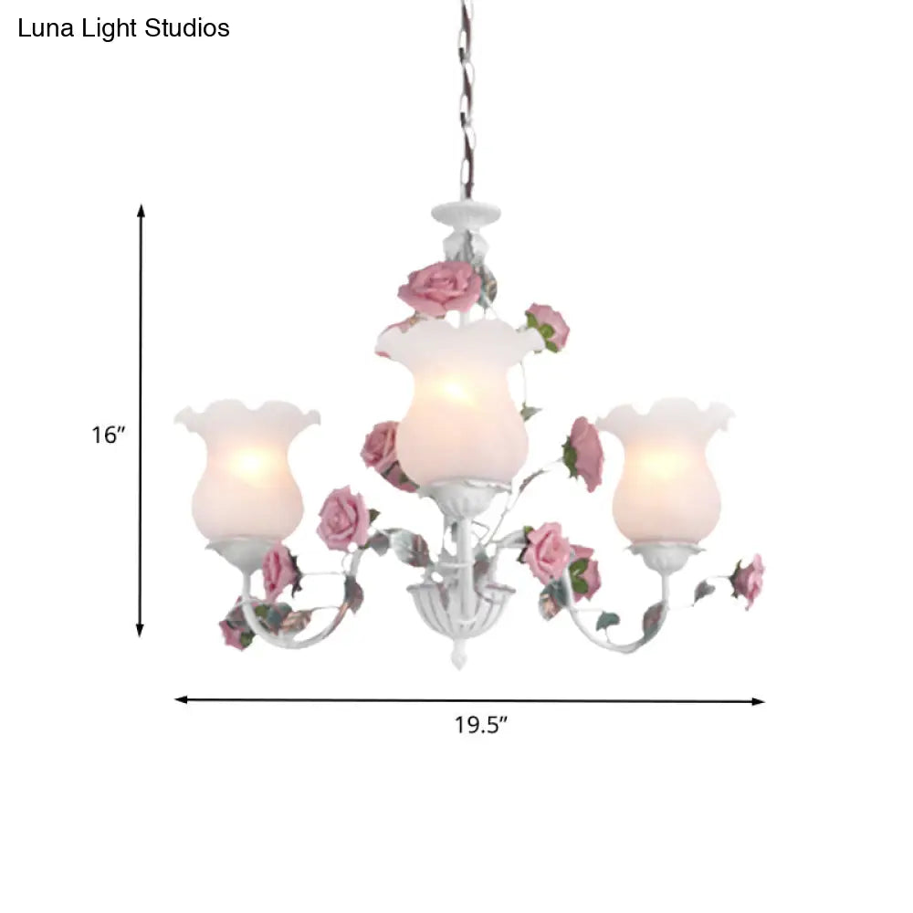Metal White Chandelier With Curvy Arms - Pastoral Rose Down Lighting For Bedroom (3/5/6 Bulbs)