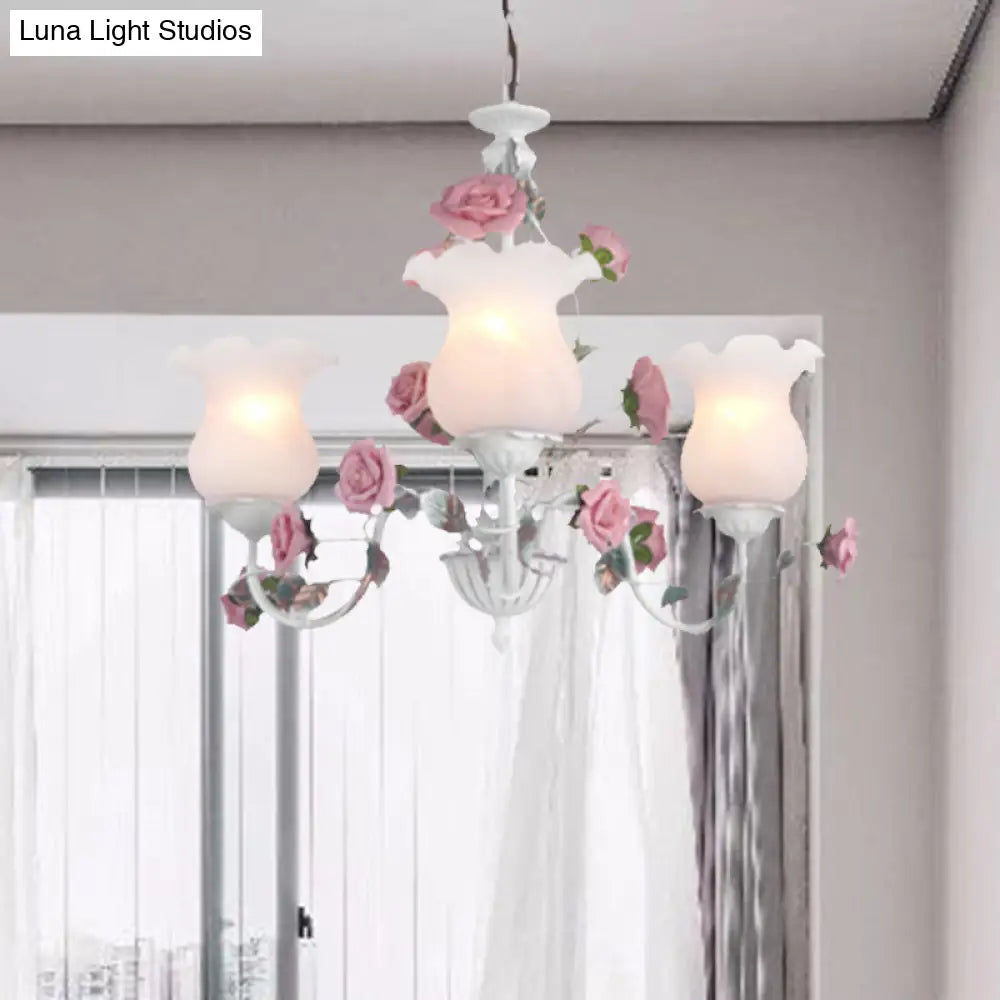 Metal White Chandelier With Curvy Arms - Pastoral Rose Down Lighting For Bedroom (3/5/6 Bulbs)