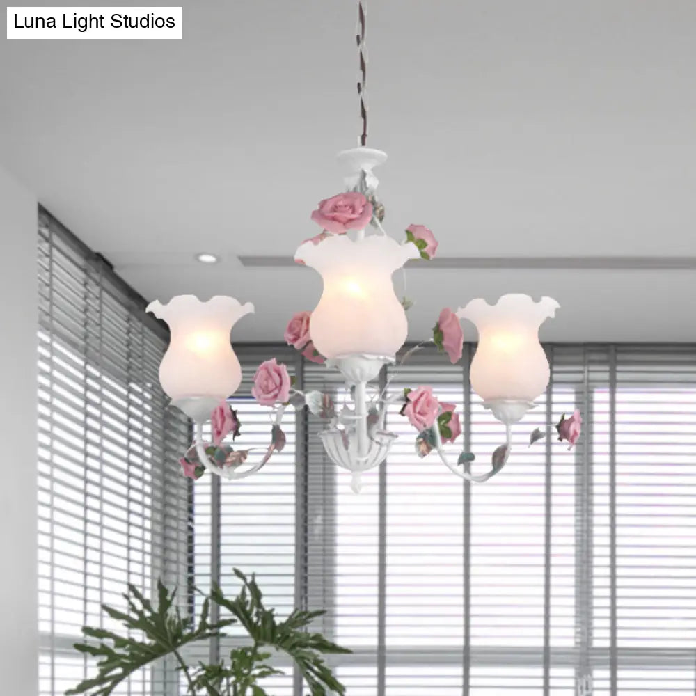 Metal White Chandelier With Curvy Arms - Pastoral Rose Down Lighting For Bedroom (3/5/6 Bulbs)