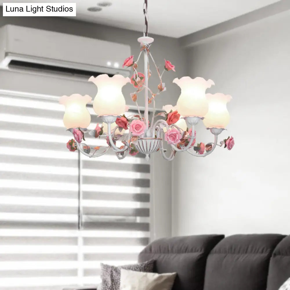 Metal White Chandelier With Curvy Arms - Pastoral Rose Down Lighting For Bedroom (3/5/6 Bulbs)