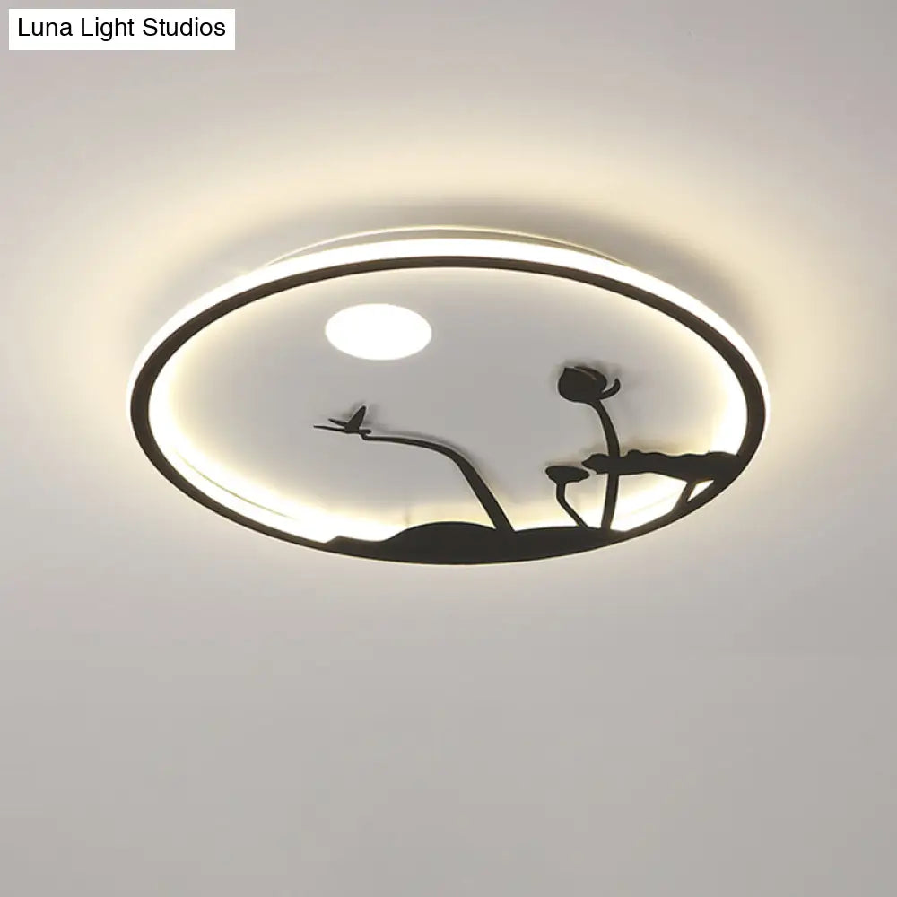 Metallic Round Asian Style Led Wall Mounted Light With Moon And Bird/Lotus Pattern - Black