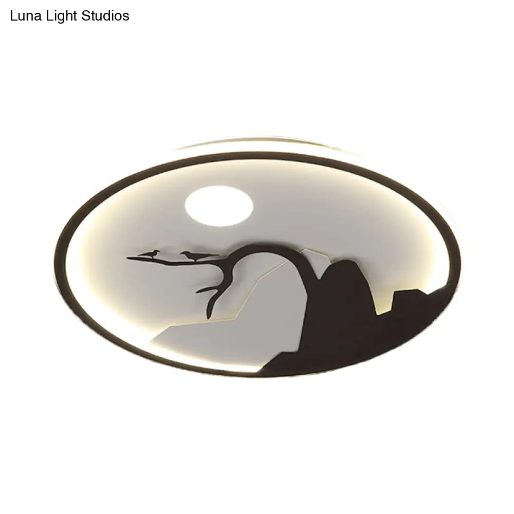 Metallic Round Asian Style Led Wall Mounted Light With Moon And Bird/Lotus Pattern - Black
