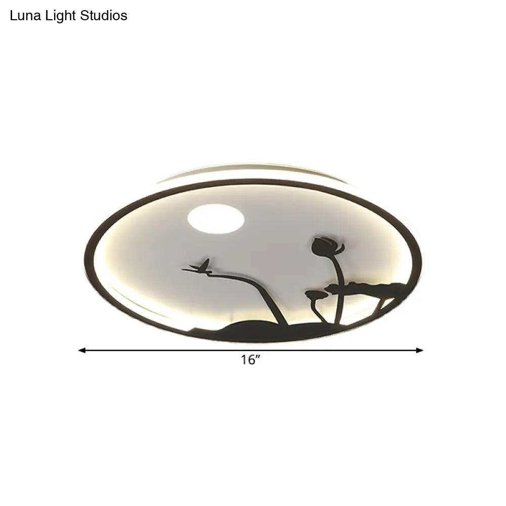 Metallic Round Asian Style Led Wall Mounted Light With Moon And Bird/Lotus Pattern - Black