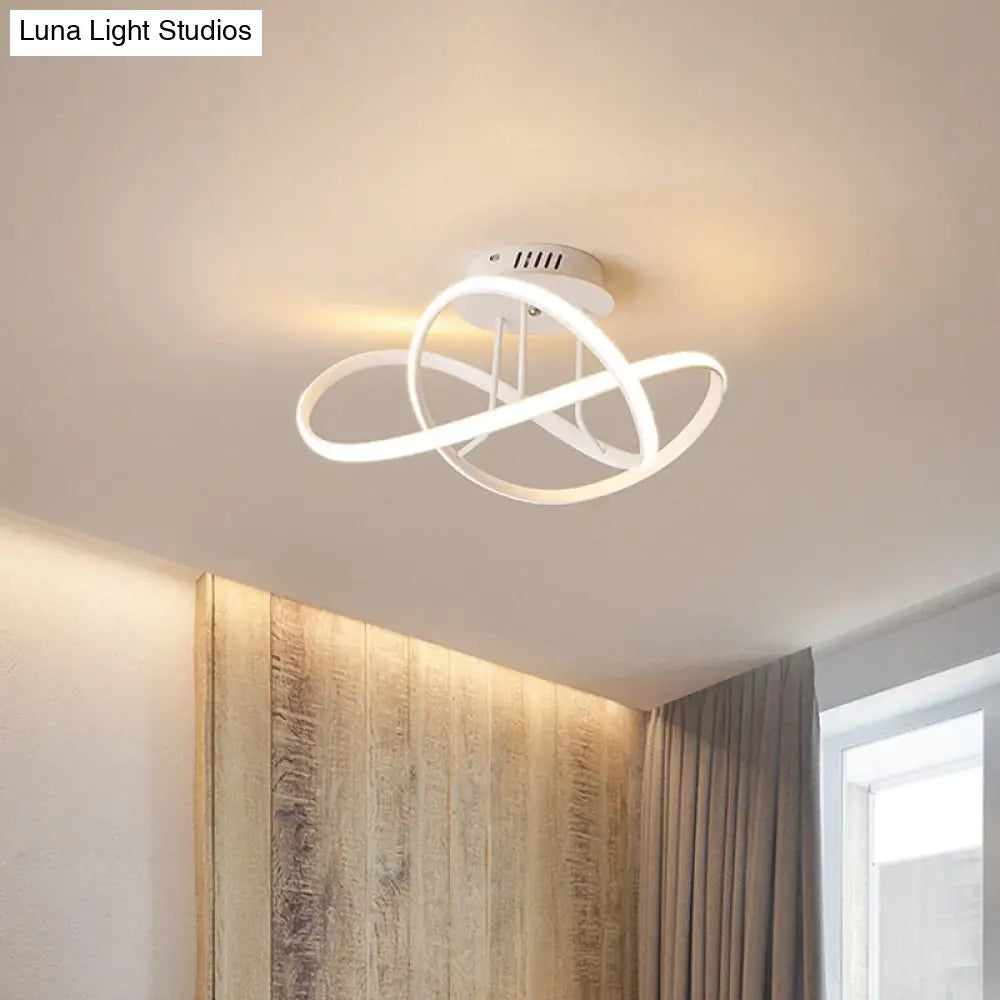 Metallic Twisted Semi Flush Led Ceiling Light In Nordic Black/White/Coffee For Bedroom