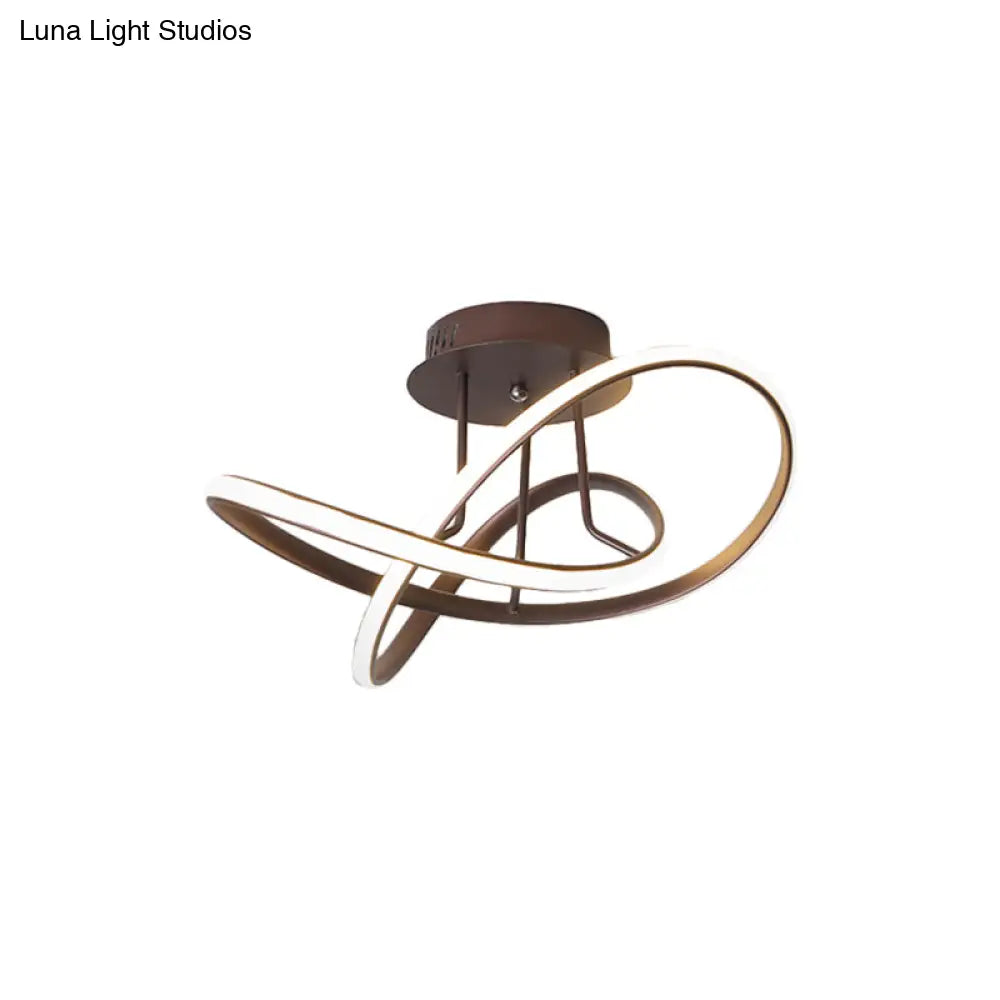 Metallic Twisted Semi Flush Led Ceiling Light In Nordic Black/White/Coffee For Bedroom