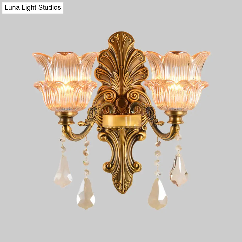 Mid Century Brass Wall Lamp With Clear Crystal Glass Flower Shade