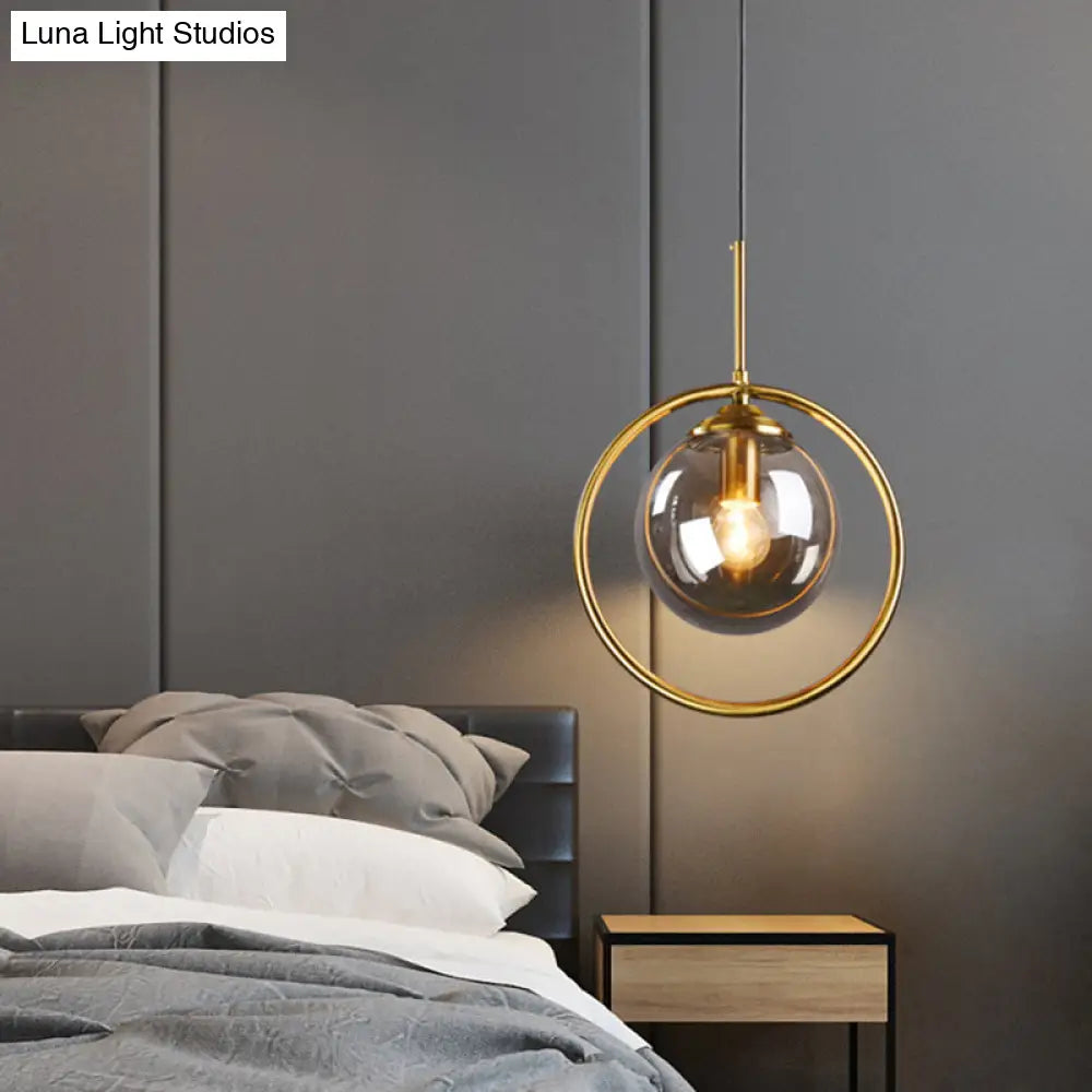 Mid-Century Globe Hanging Lamp With Glass Shade & Metal Ring - Perfect For Bedrooms