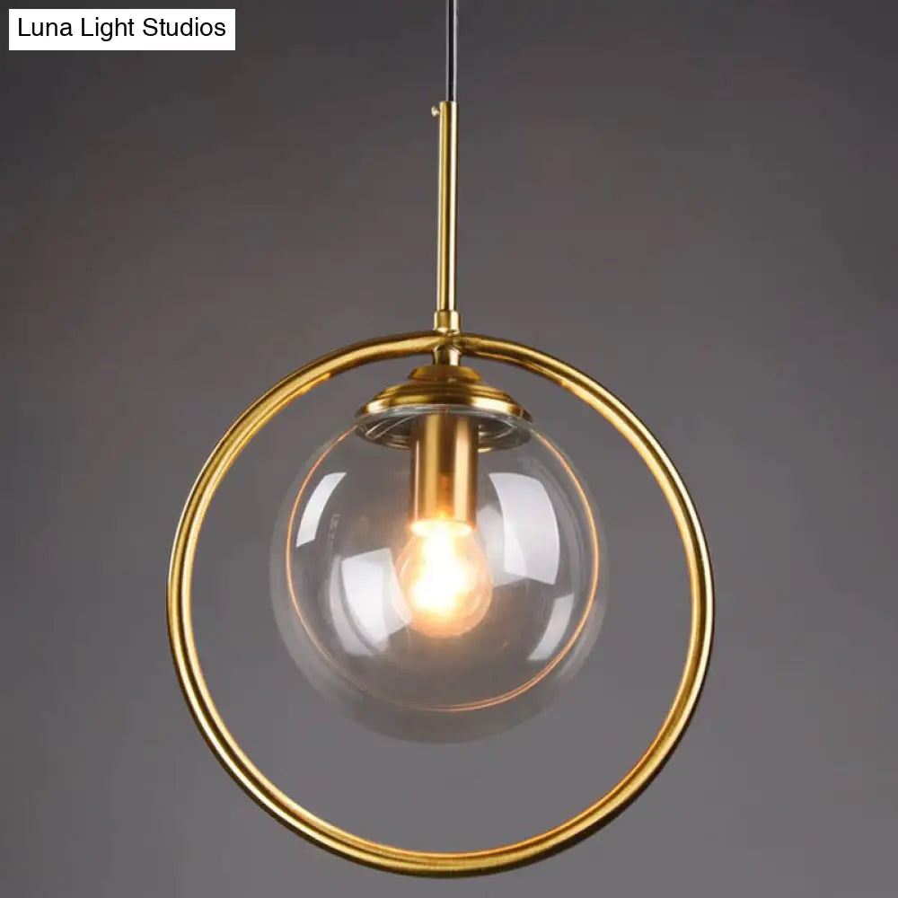 Mid-Century Globe Hanging Lamp With Glass Shade & Metal Ring - Perfect For Bedrooms