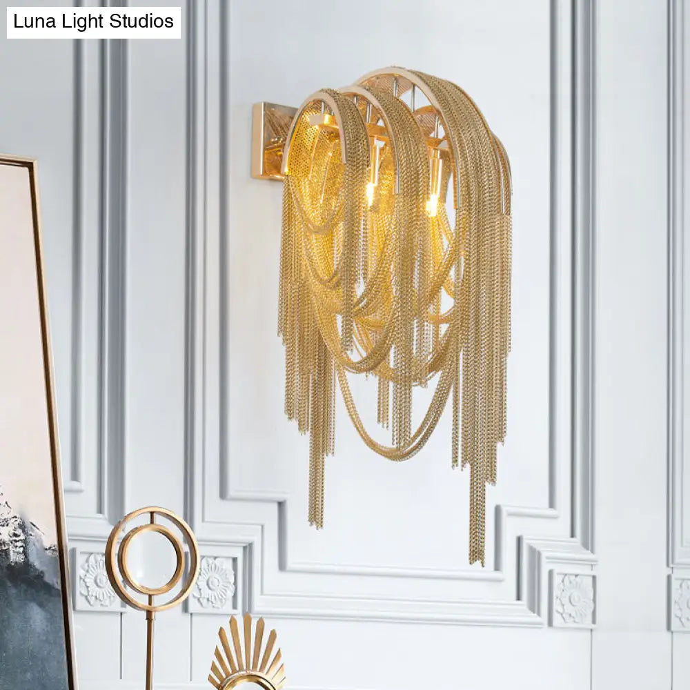 Mid Century Gold/Silver Stacked Tassel Wall Lamp - 2 Bulb Metallic Sconce Light Fixture For Hotel