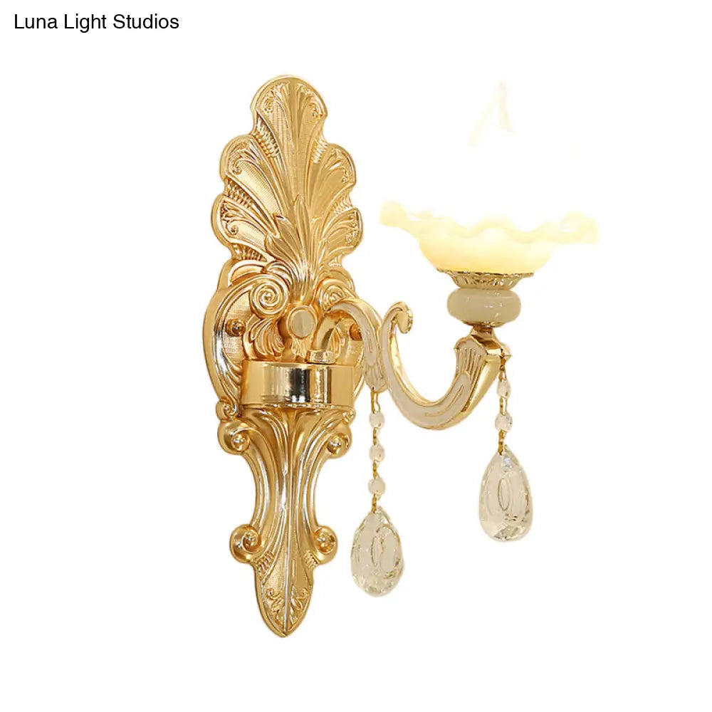 Mid Century Opal Glass Wall Sconce With Gold Finish & Flower Shade - Single Light Mounted