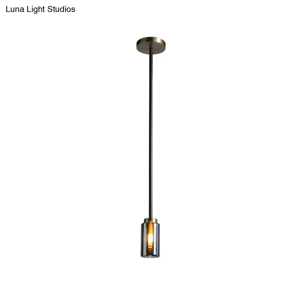 Mid Century Single Pendant: Smoke Grey Glass In Black Suspension Small Bottle Style