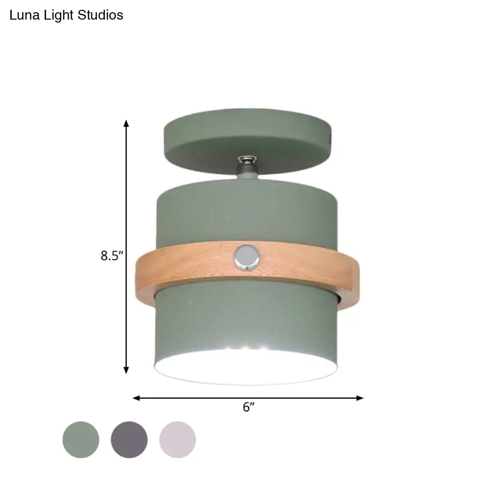 Mini Barrel Corridor Iron Ceiling Lamp With Rotating Feature - 1 Bulb Macaron Grey/Green/White Wood
