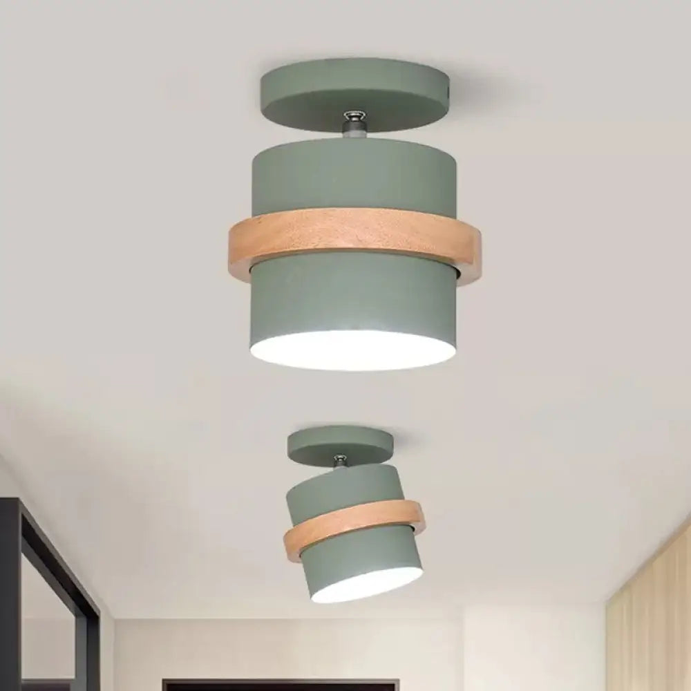 Mini Barrel Corridor Iron Ceiling Lamp With Rotating Feature - 1 Bulb Macaron Grey/Green/White Wood