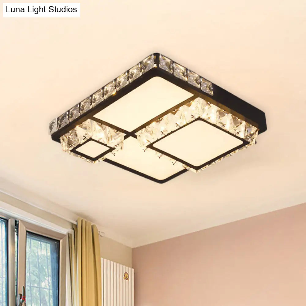 Minimal Style Crystal Led Flush Mount Light Fixture - Black (Square/Round) For Bedroom Ceiling