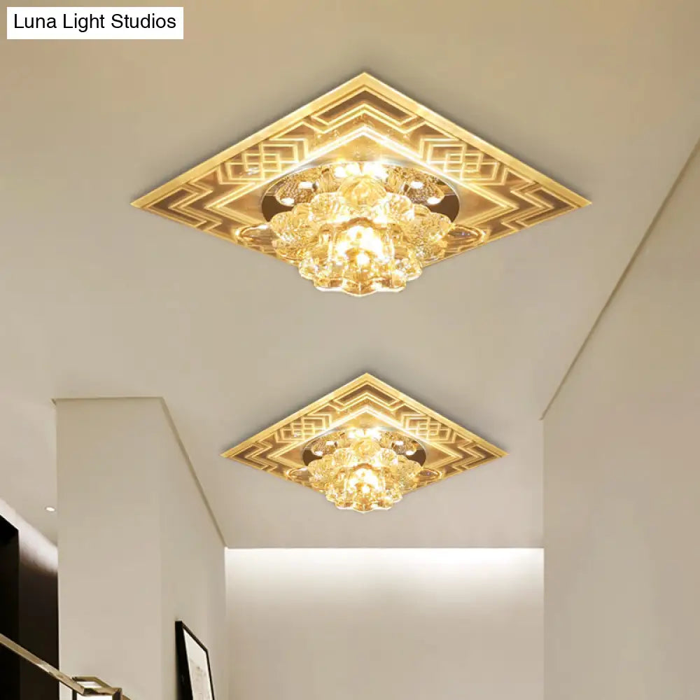 Minimalist Clear Crystal Led Flushmount Ceiling Lamp With Floral Design - Perfect For Balcony