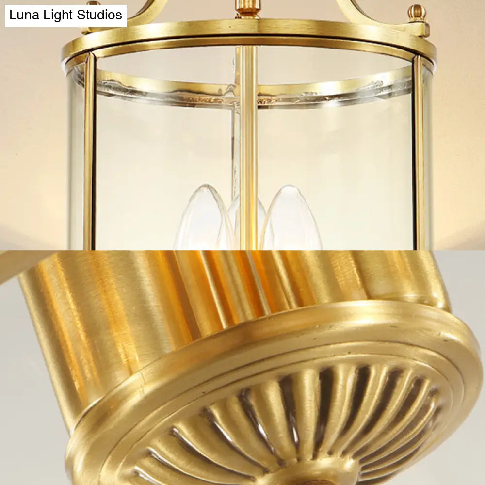 Minimalist Clear Glass Brass Cylinder Chandelier - Hanging Ceiling Light With 3 Bulbs 8/12 Wide