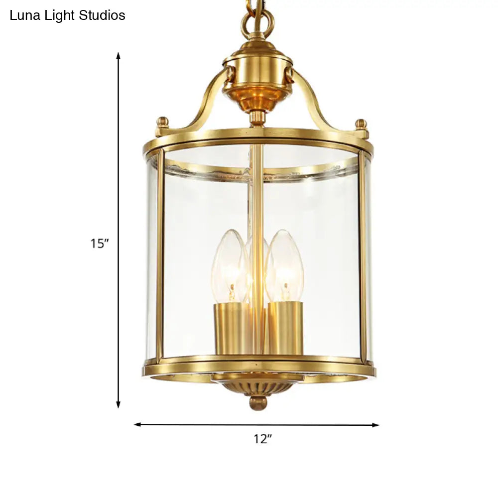 Minimalist Clear Glass Brass Cylinder Chandelier - Hanging Ceiling Light With 3 Bulbs 8/12 Wide