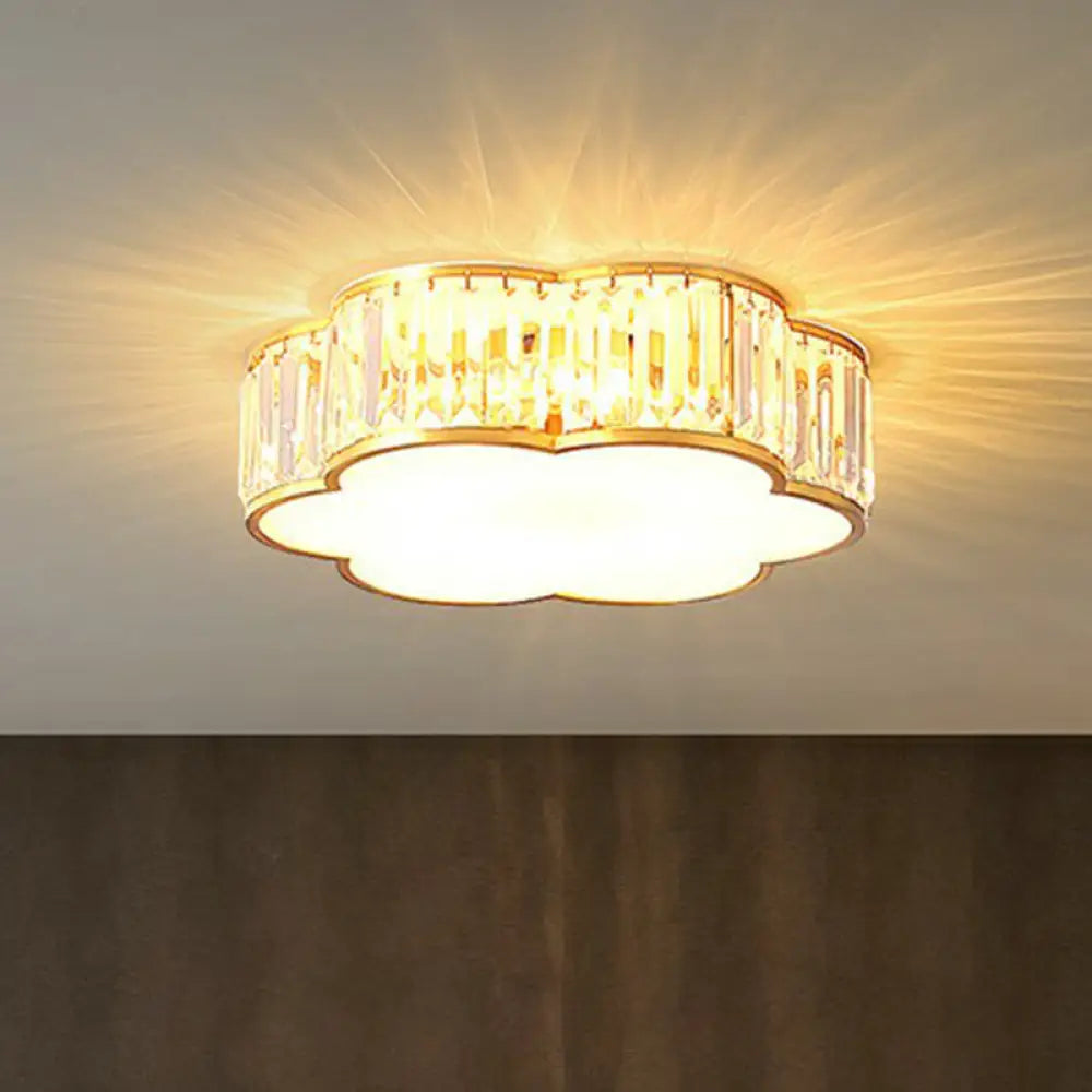 Minimalist Crystal Flower Ceiling Light In Brass - Tri-Sided Flush Mount