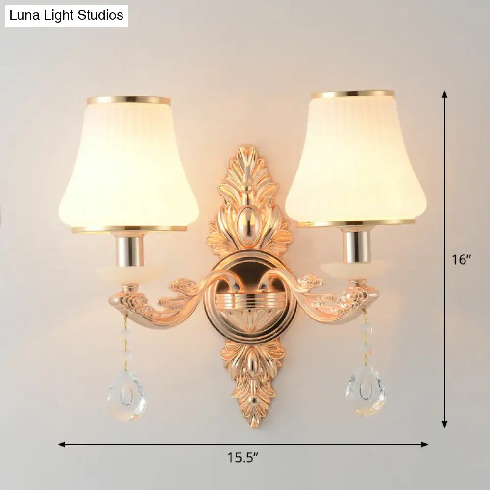 Minimalist Flared White Glass Wall Light With Teardrop Crystal - Perfect For Living Room Sconce