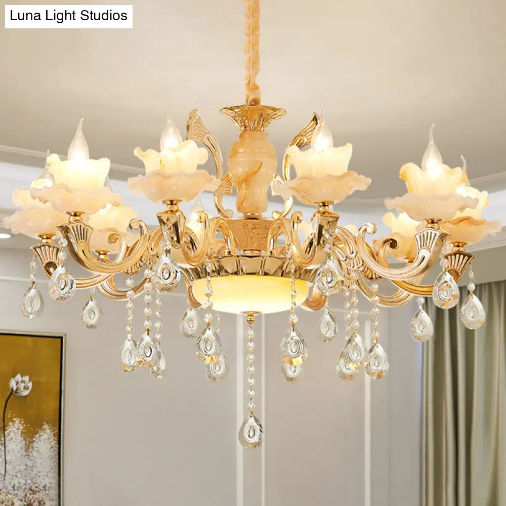 Minimalist Gold Chandelier With Blossom Jade Crystal Draping And Hanging Lamp Kit