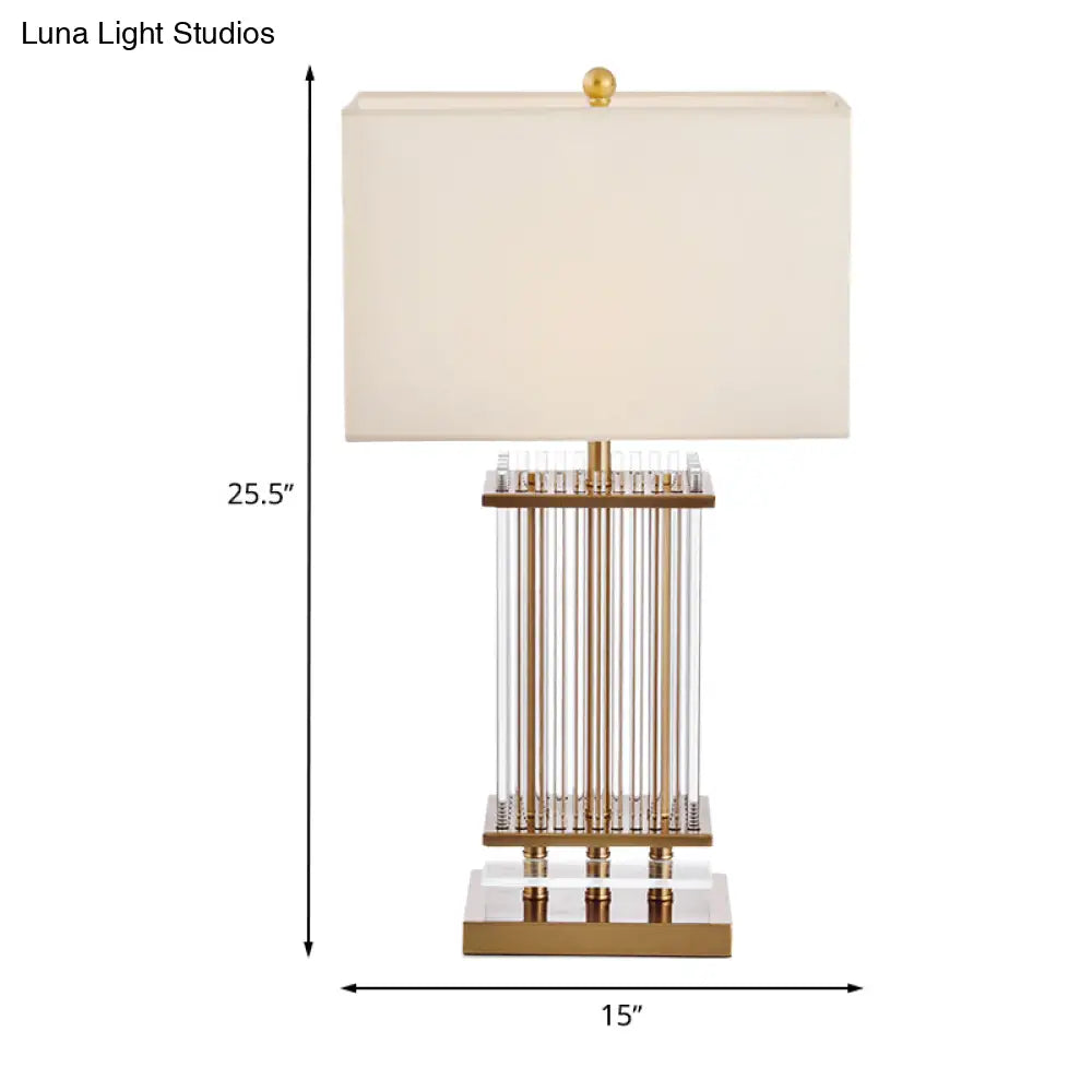 Minimalist Gold Desk Lamp With Clear Glass Bars - White Fabric Rectangle Night Table Light