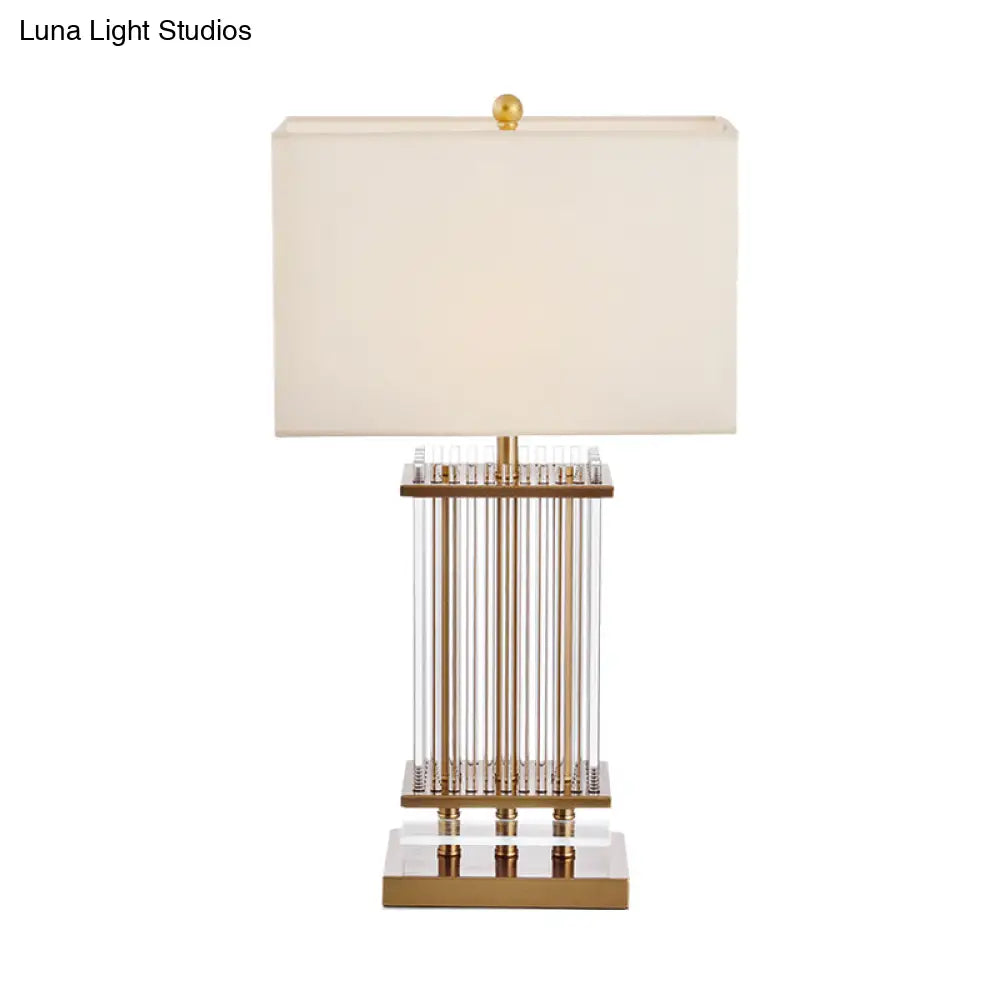 Minimalist Gold Desk Lamp With Clear Glass Bars - White Fabric Rectangle Night Table Light