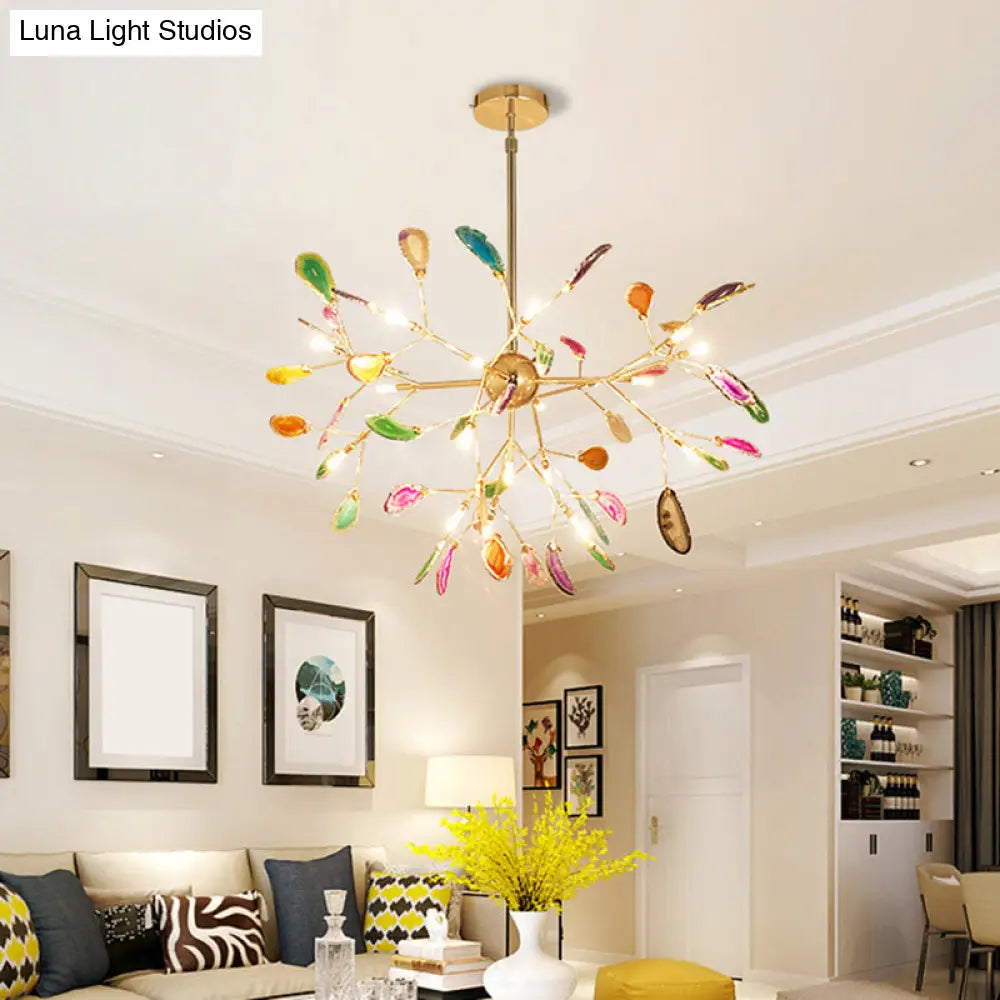 Minimalist Gold Led Pendant Light With Colorful Agate Sputnik Firefly Chandelier