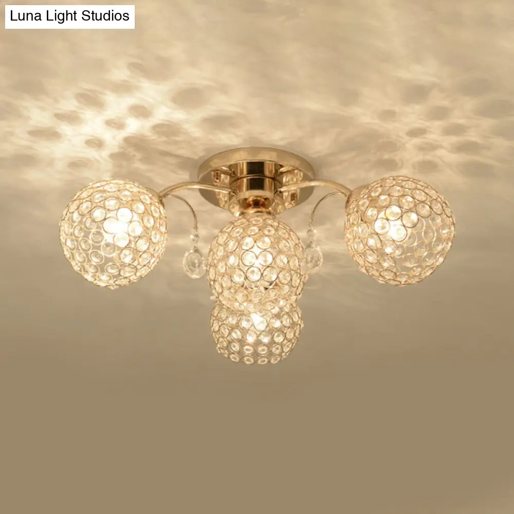 Minimalist Gold Semi-Flush Mount Light With Crystal-Embedded Shade - 6/9 Heads Ceiling Fixture