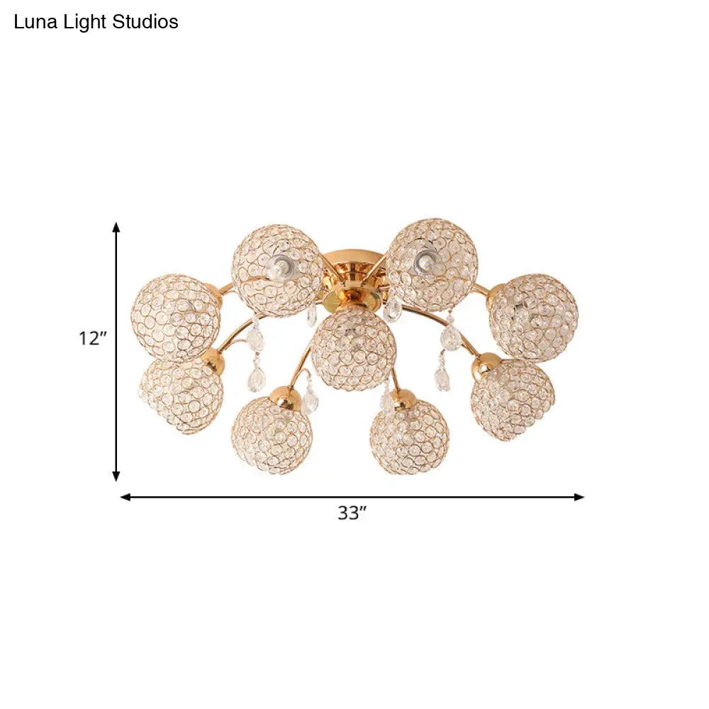 Minimalist Gold Semi-Flush Mount Light With Crystal-Embedded Shade - 6/9 Heads Ceiling Fixture