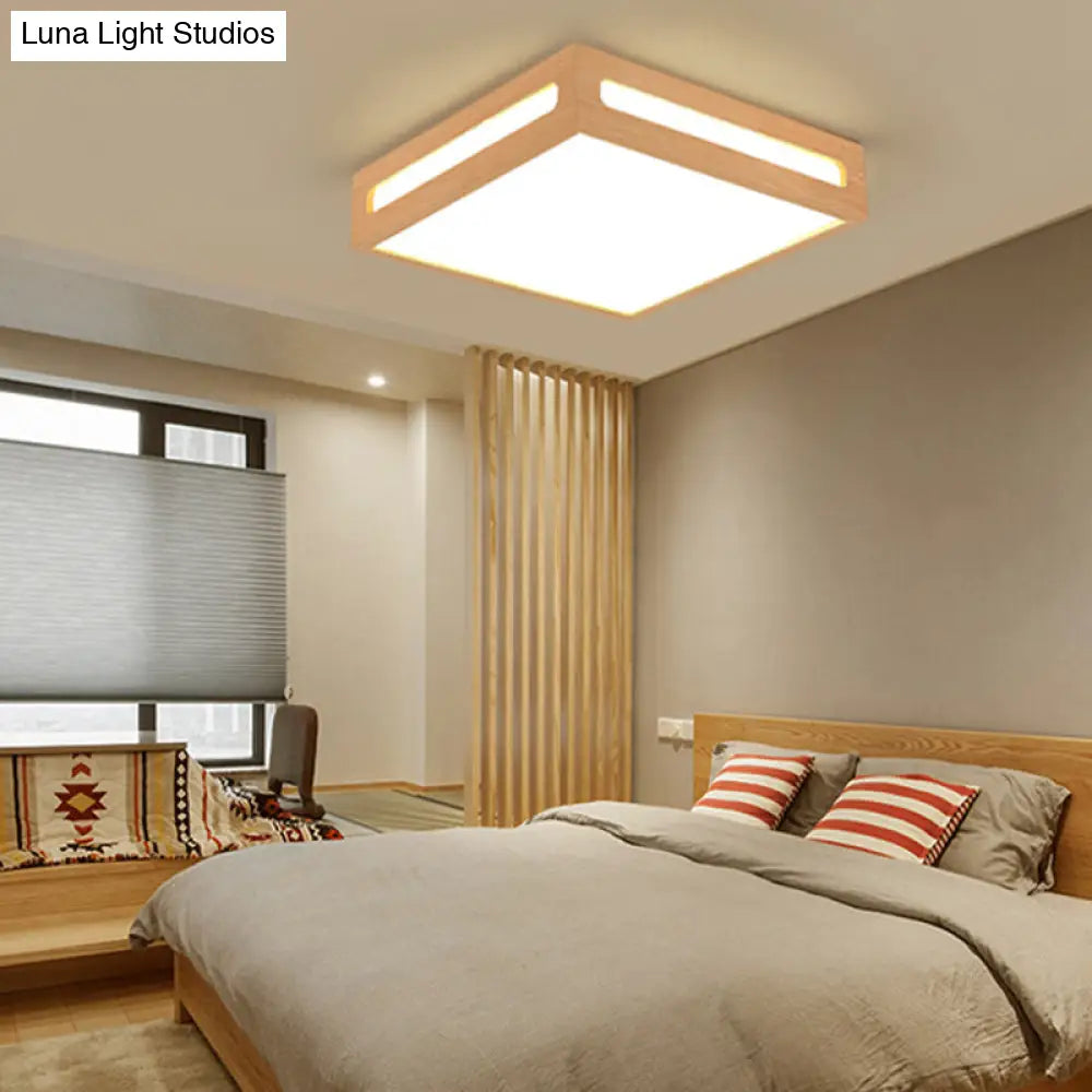 Minimalist Led Flush Light With Acrylic Shade And Natural Wood Square Box Ceiling Lighting In